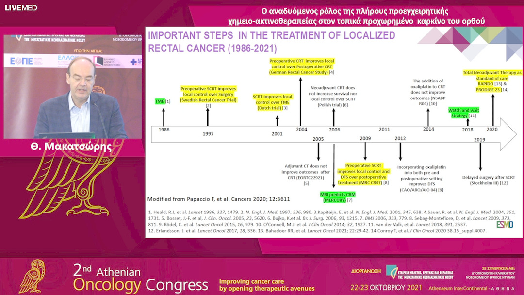 34 Θ. Μακατσώρης - Ο αναδυόμενος ρόλος της πλήρους προεγχειρητικής χημειο-ακτινοθεραπείας στον τοπικά προχωρημένο καρκίνο του ορθού.