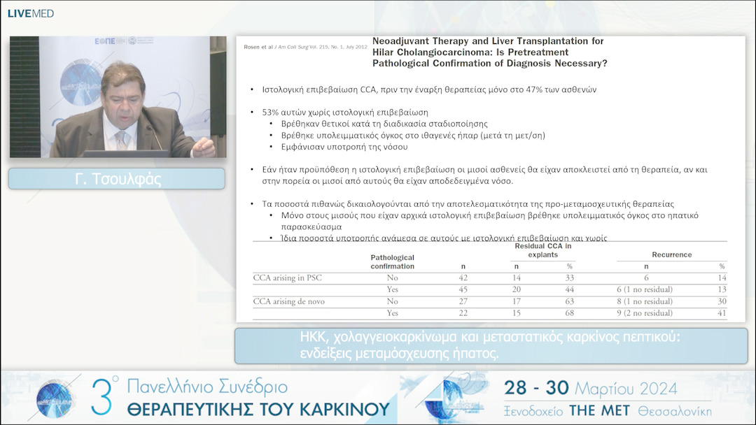 14 Γ. Τσουλφάς - ΗΚΚ, χολαγγειοκαρκίνωμα και μεταστατικός καρκίνος πεπτικού: ενδείξεις μεταμόσχευσης ήπατος. 