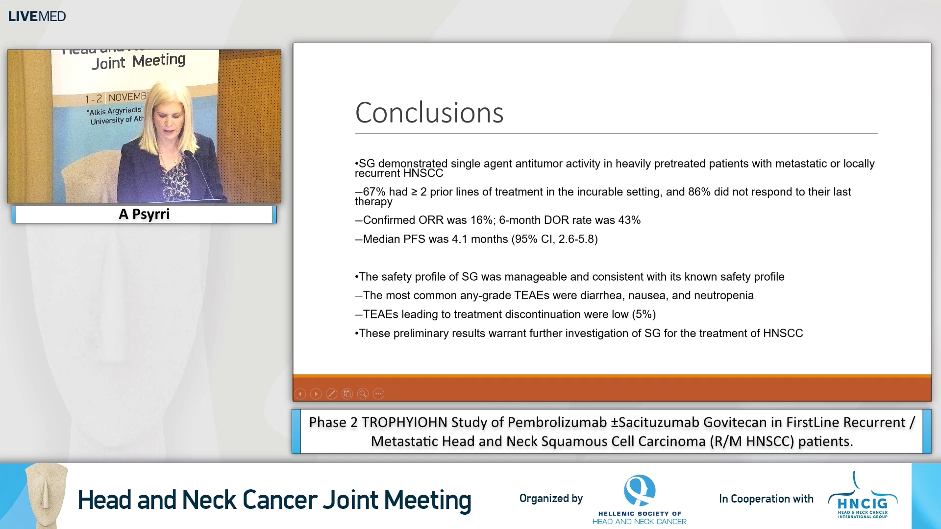 30  A Psyrri - Phase 2 TROPHY­IO­HN Study of Pembrolizumab ±Sacituzumab Govitecan in First­Line Recurrent /Metastatic Head and Neck Squamous Cell Carcinoma (R/M HNSCC) patients.