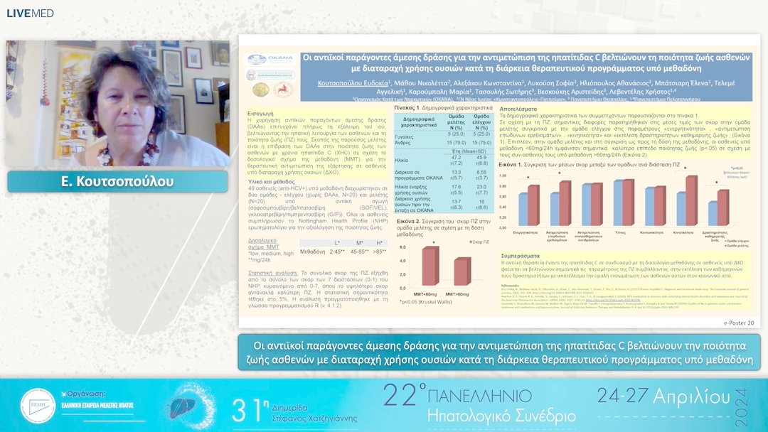 27 Ε. Κουτσοπούλου - Οι αντιϊκοί παράγοντες άμεσης δράσης για την αντιμετώπιση της ηπατίτιδας C βελτιώνουν την ποιότητα ζωής ασθενών με διαταραχή χρήσης ουσιών κατά τη διάρκεια θεραπευτικού προγράμματος υπό μεθαδόνη