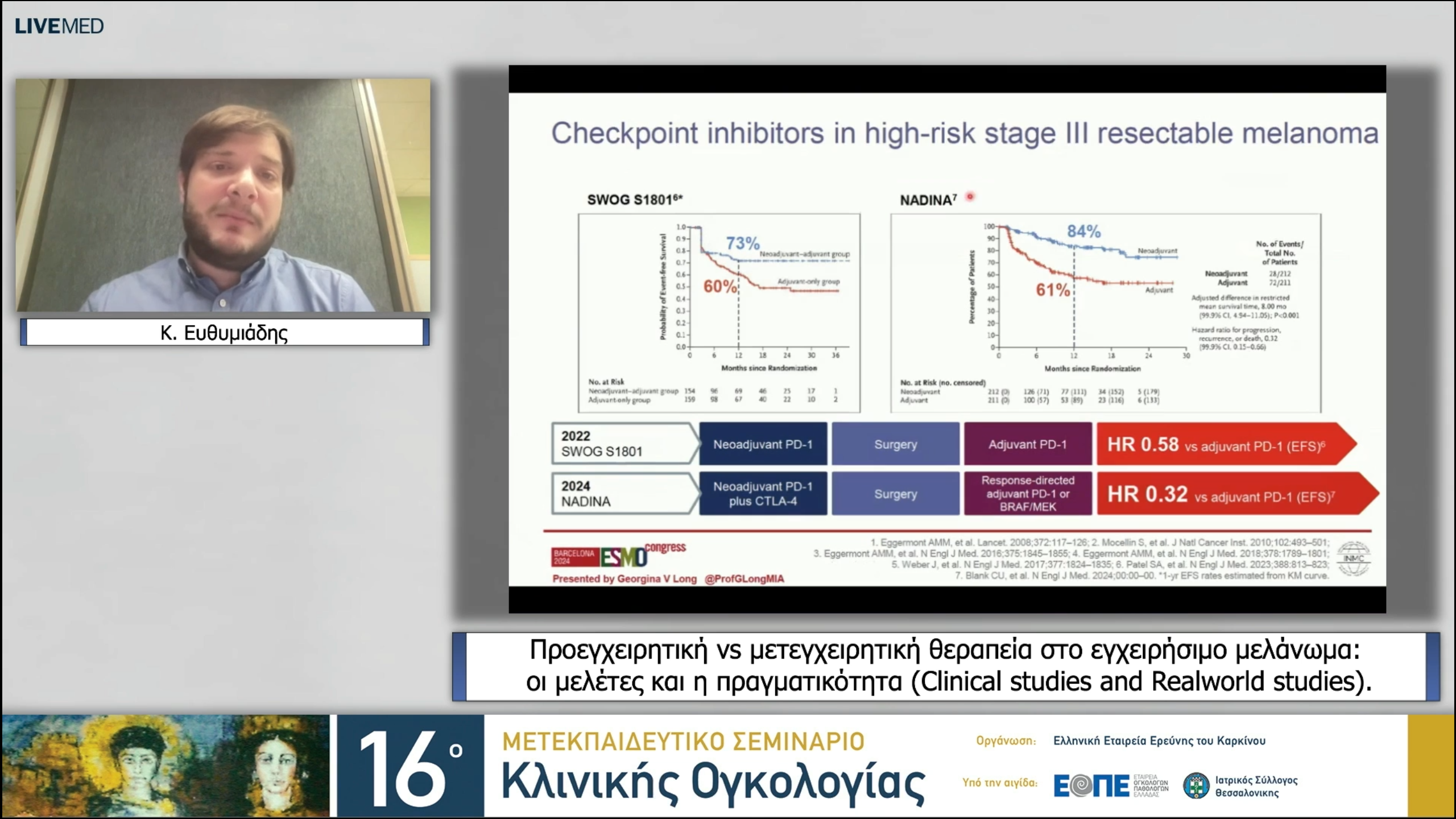 16 Κ. Ευθυμιάδης - Προεγχειρητική vs μετεγχειρητική θεραπεία στο εγχειρήσιμο μελάνωμα: οι μελέτες και η πραγματικότητα (Clinical studies and Real­world studies). 
