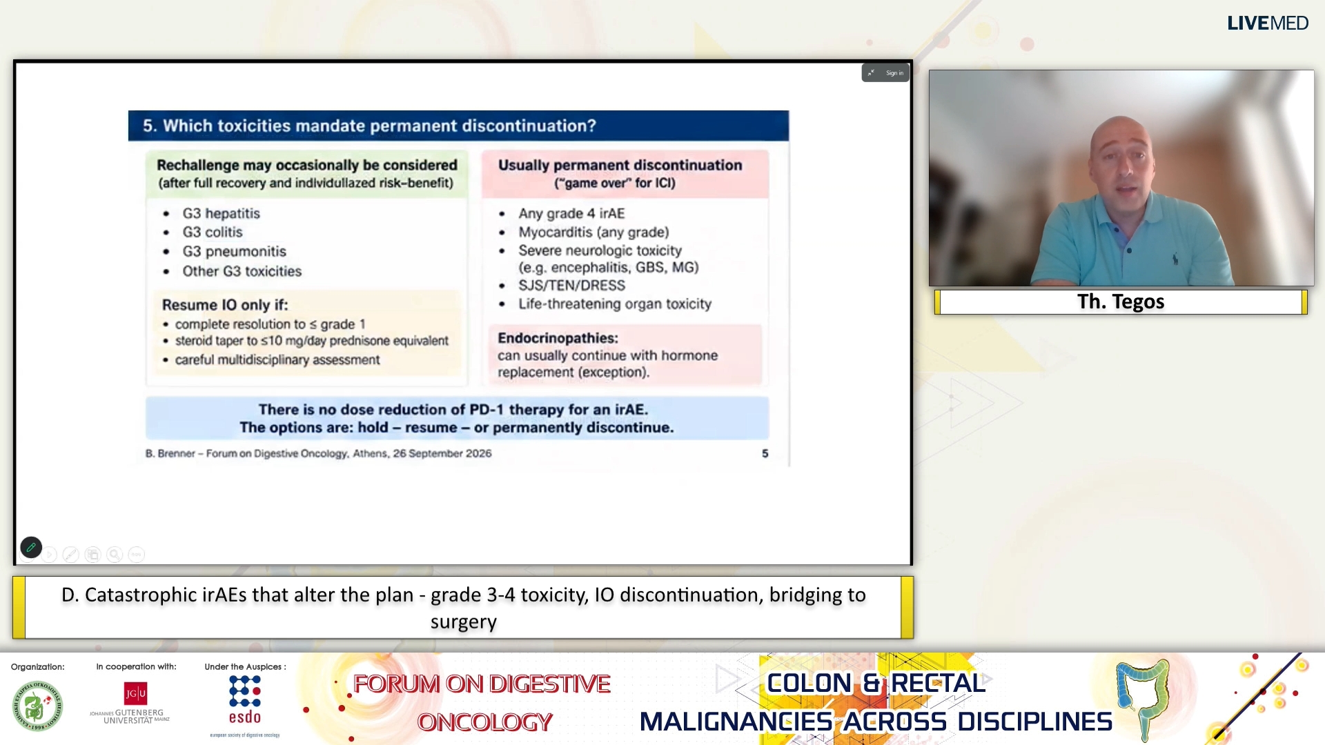 41 Th. Tegos - D. Catastrophic irAEs that alter the plan - grade 3-4 toxicity, IO discontinuation, bridging to surgery.